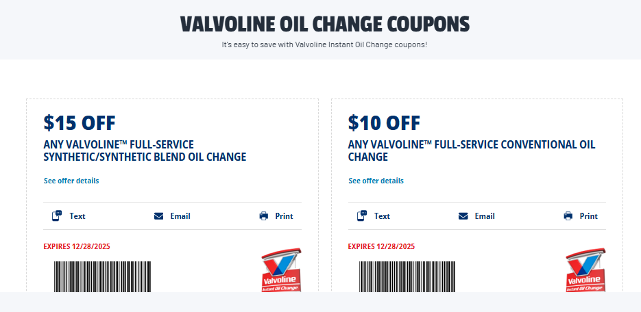 Valvoline Oil Change Coupons